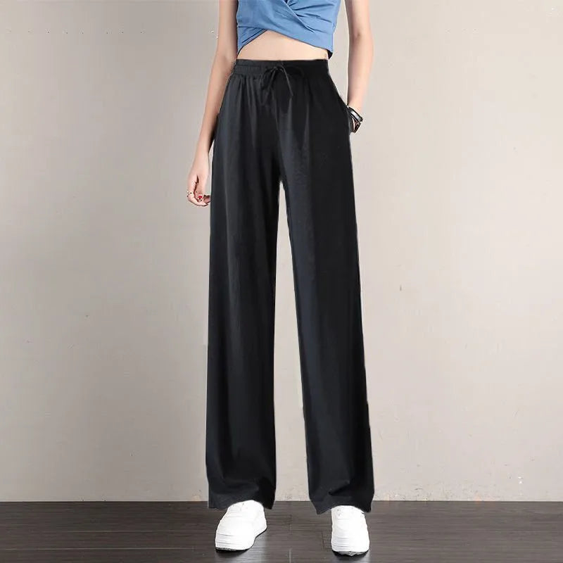 1pcs Summer Women Ice Silk Pant Female High Elastic Waist Drawstring Pocket Loose Straight Trousers Student Sports Straight Pant