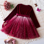 2025 Red Christmas Dress for Baby Girls Winter Long Sleeve Mesh Dresses for 3-8Yrs Kid Star Sequin Birthday Party Princess Dress
