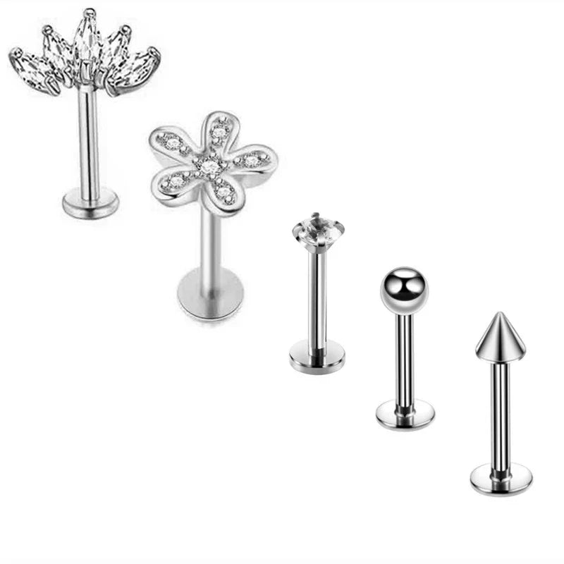 5PCS Flower Tragus Piercing Set Flat Back Cz Cartilage Stud Earring Helix Jewelry Conch Rook Stud Lot Labret Lip Piercing Bulk