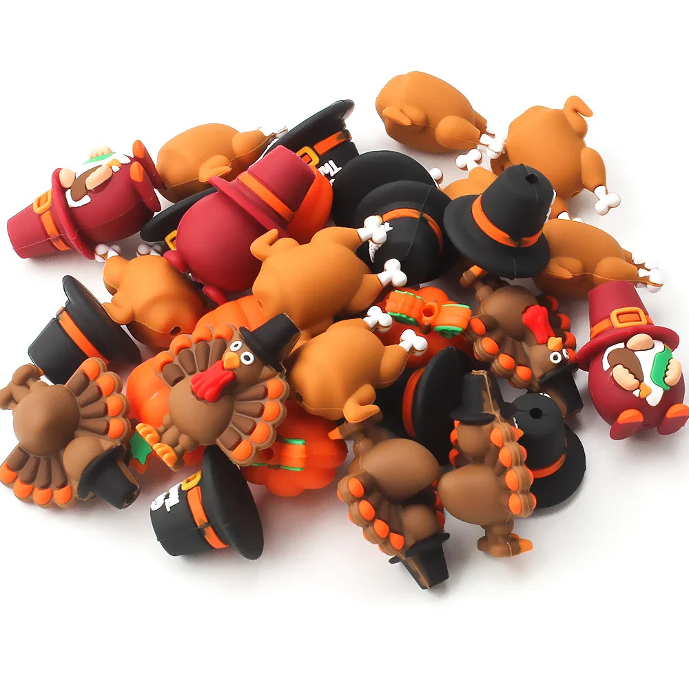 5/10/20pcs Thanksgiving Silicone Beads 3D Pumpkin Turkey  Focal Beads for Jewelry Lanyards Keychain Bracelet Making Pen Decor
