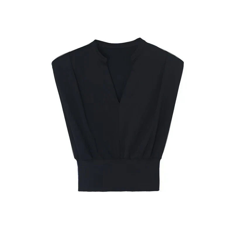 Black V-neck Short Shirt Summer Crop Top Women's Fashion Sleeveless Shirts Elegant Office Lady Clothes Top Casual Blouse