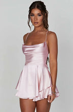 2025 Summer Hot Sale Sexy Solid Color Backless Short Dress - Crisscross Straps Satin Skirt