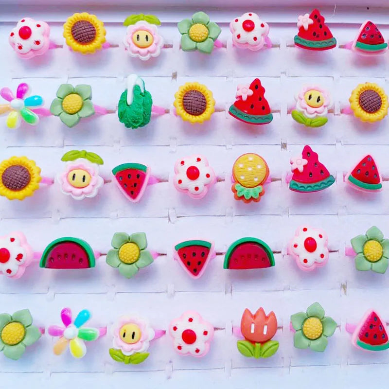 10pcs/lot Children's Cartoon Rings Candy Flower Animal Bow Shape Ring Set Mix Finger Jewellery Rings Kid Girls Toys Anillo