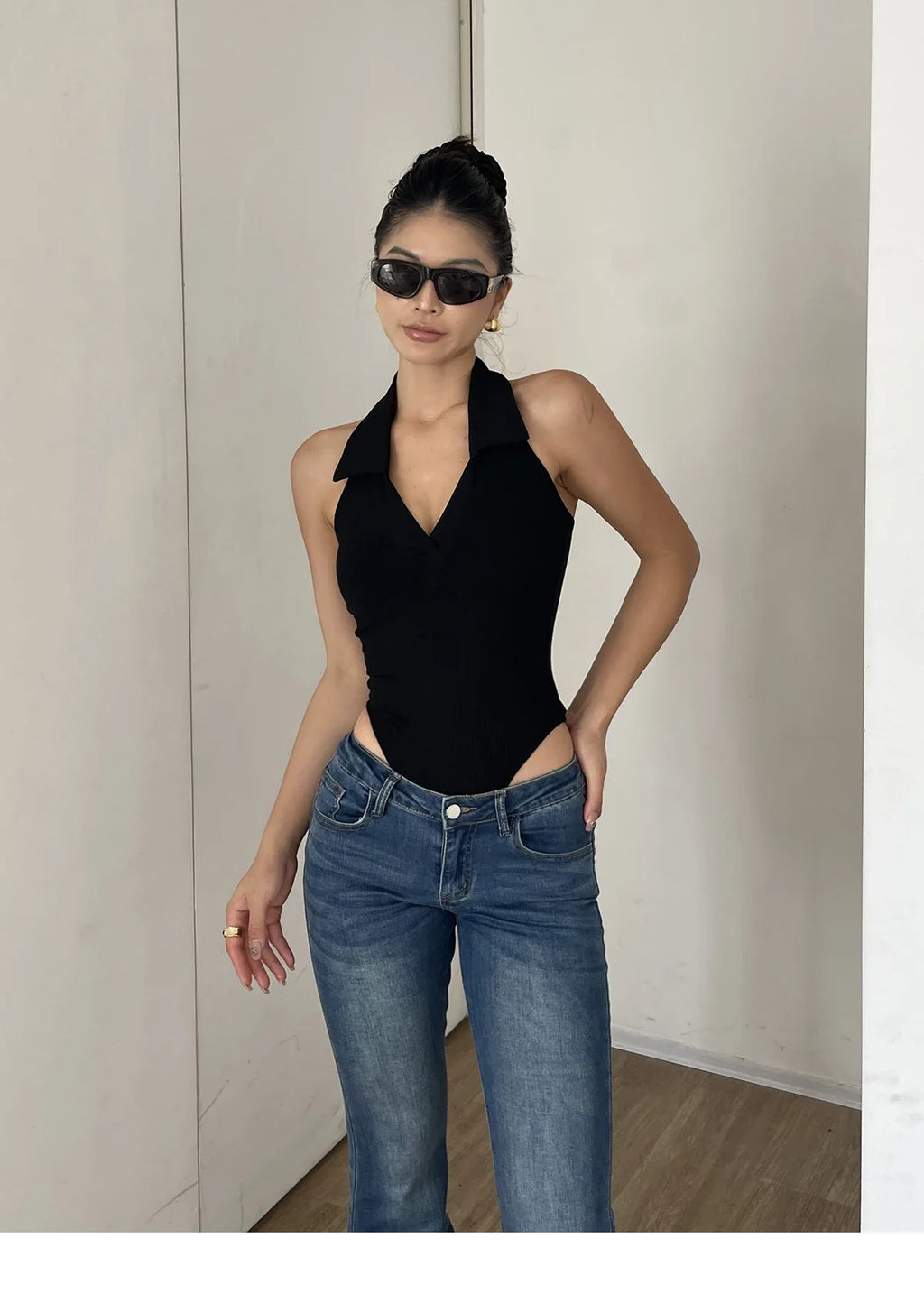 American Style Spicy Girl Sleeveless Polo Neck Solid Bodysuits Women's 2024 Summer New Sexy Backless High Waisted Slim Top Q29N