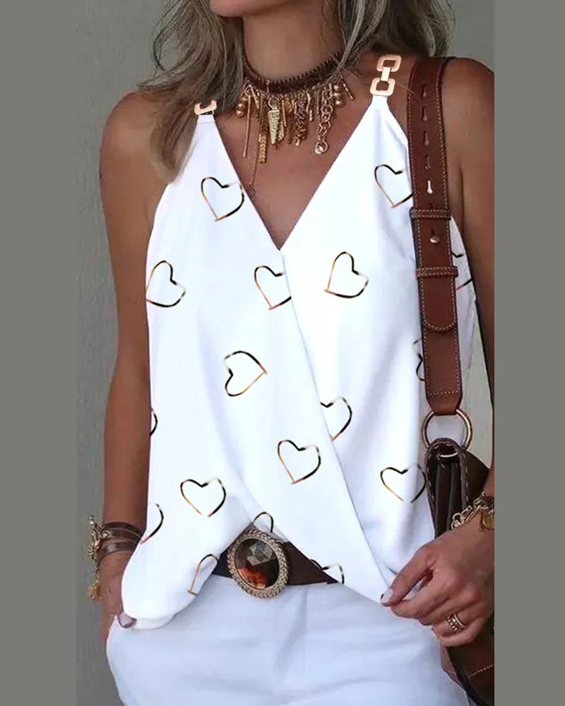 Elegant V-Neck Blouse for Women, Sexy Sleeveless Chain Print, Lady Casual Tops, White, Summer, 2024