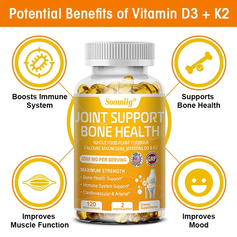 Calcium Magnesium Vitamin D3 & K2 - Supports healthy joint structure, function & comfort, muscle, immunity, bones, non-GMO