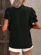 Dark Green Elegant Pullover Blouse 2024 Women's Summer New V-neck Casual Double Layered Ruffle Sleeves Solid Color Shirt Top