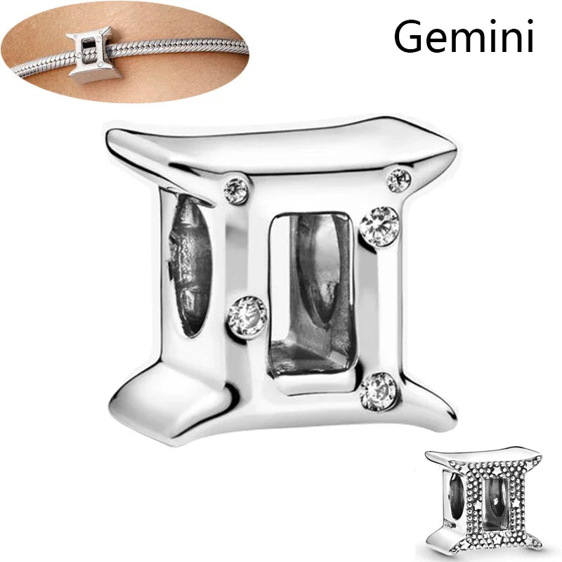 Authentic 925 Sterling Silver Sparkling Aries Leo Scorpio 12 Zodiac Signs Constellation Charm Beads Fit Pantaro Bracelet Jewelry