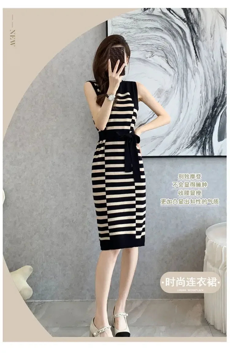 2025 Summer New Over-knee Long Temperament Slim Waist Vest Sleeveless Slim Striped Knitted Dress