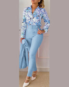 Autumn Winter Stand Neck Floral Print Long Sleeve Shirt Pants Two Piece Sets Elegant Women Casual Shirt Trousers Suits With Belt