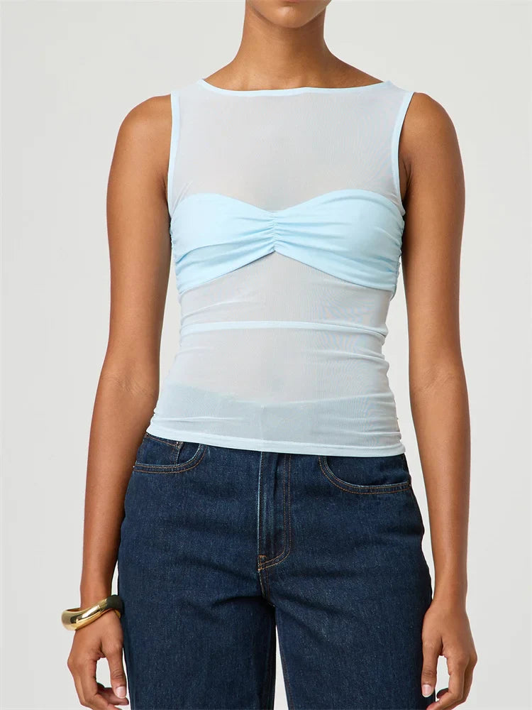 CHRONSTYLE Sexy Women Mesh Sheer See Through Tank Tops Sleeveless Round Neck Solid Color Slim Fit Ruched Patchwork Vest 2025 New