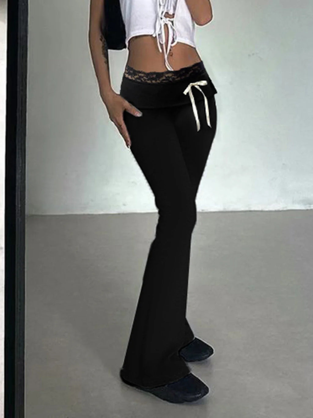 Cuteandpsycho Lace Patchwork Bow Straight Pants Y2K Fashion Aesthetic Cute Trousers Harajuku Streetwear Joggers 2000s Bottoms