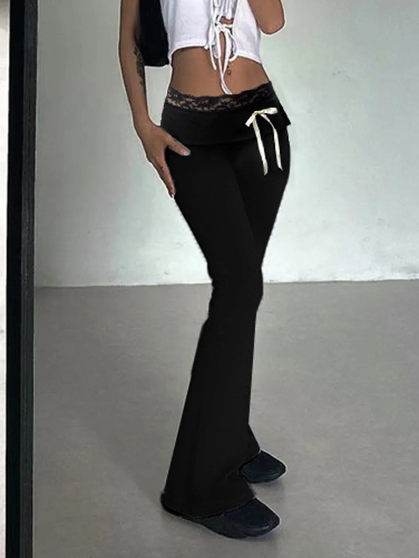 Cuteandpsycho Lace Patchwork Bow Straight Pants Y2K Fashion Aesthetic Cute Trousers Harajuku Streetwear Joggers 2000s Bottoms