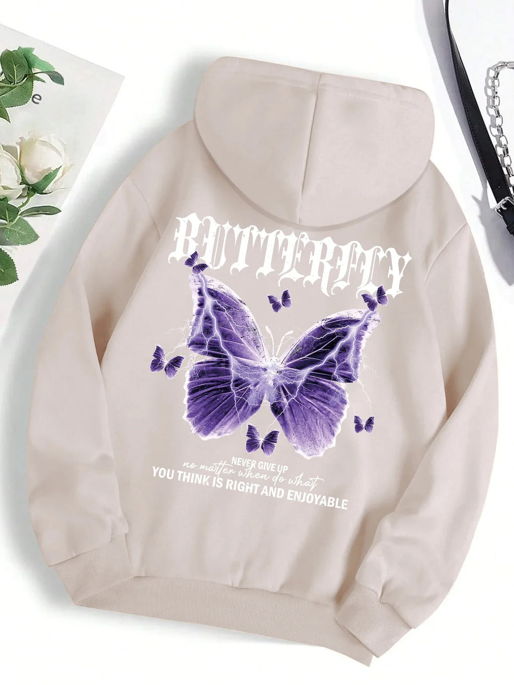 Beautiful Purple Butterfly Printing Hoodies Women Fleece Pocket Hoody Simple Casual Hoodie Autumn Loose Female Streetwear