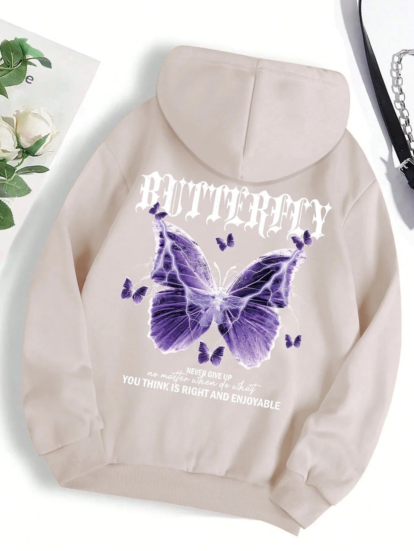 Beautiful Purple Butterfly Printing Hoodies Women Fleece Pocket Hoody Simple Casual Hoodie Autumn Loose Female Streetwear