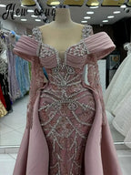 Blush Pink Long Sleeve Evening Dress With Detachable Train Women Arabic Wedding Engagement Party Gowns Lace Beaded Customized