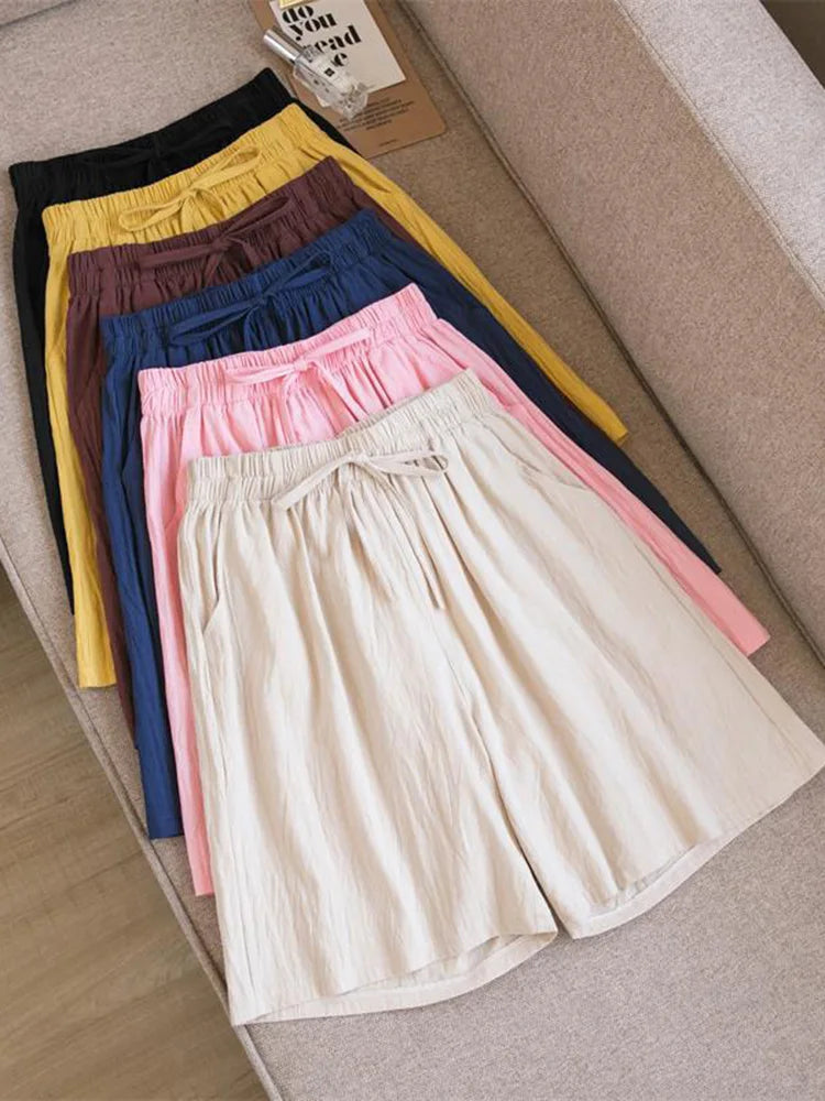 2024 Women Cotton Shorts,Summer Casual Solid Two Pockets shorts high waist loose shorts for girls Soft Cool female shorts