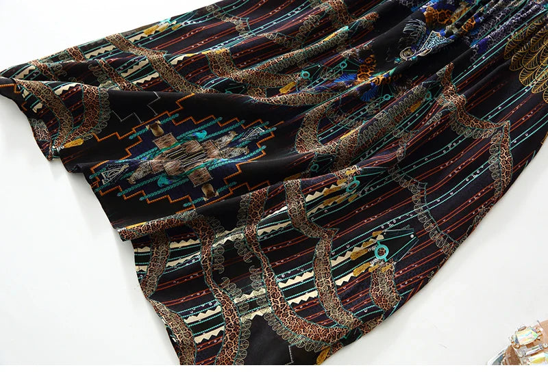 2025 Summer Bohemian Dresses For Women Elegant V-neck High Waist Women's Print Black Dress A-line 100% Real Silk Long Midi Dress