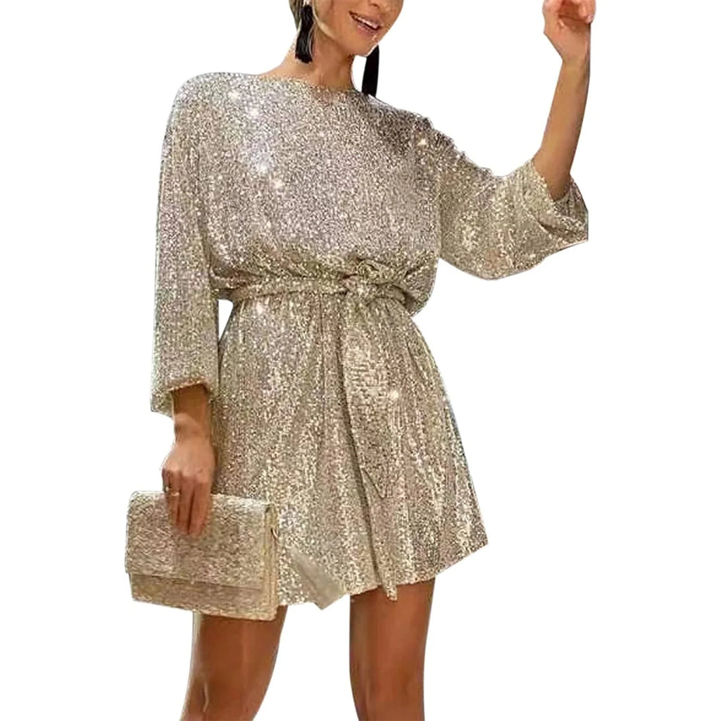 2024 New Fashion Women´s Autumn Sequin Party Dress, Sparkle Long Sleeve Round Neck Short Cocktail Dress with Belt