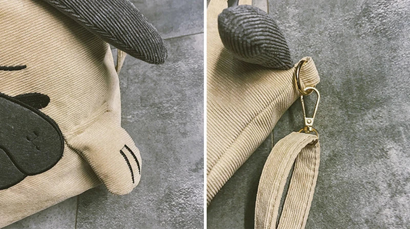 Cute Animal Handbags For Women Casual Travel Large Capacity Totes Shoulder Bags Pug Dog Corduroy Messenger Bag Feminine Bolsas