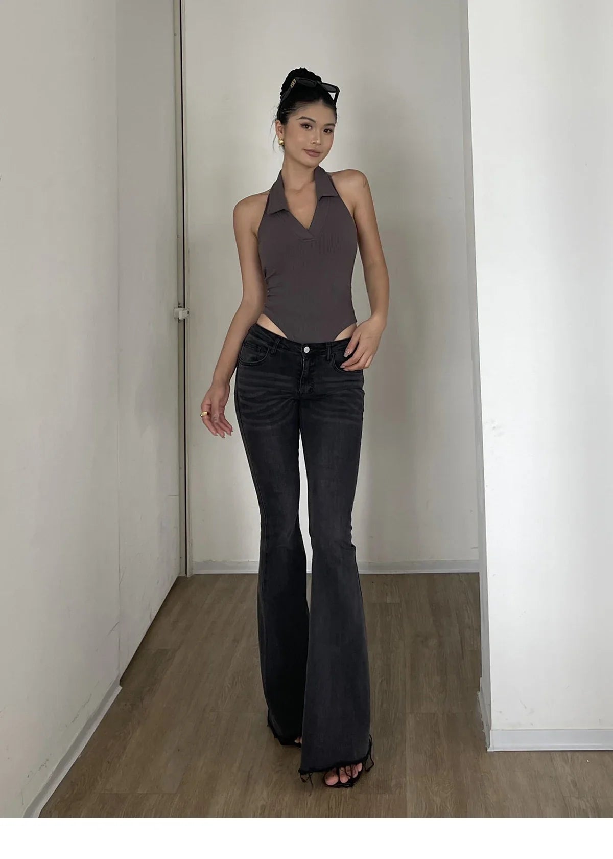 American Style Spicy Girl Sleeveless Polo Neck Solid Bodysuits Women's 2024 Summer New Sexy Backless High Waisted Slim Top Q29N