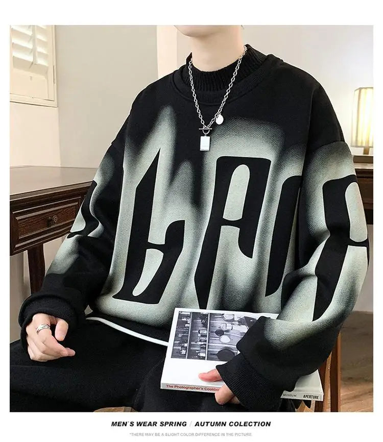 Autumn Winter Long Sleeve Print Letter Casual Hoodies Sweatshirts Thick Fake Two Pieces Fashion Tops Korean Trend Men Clothing
