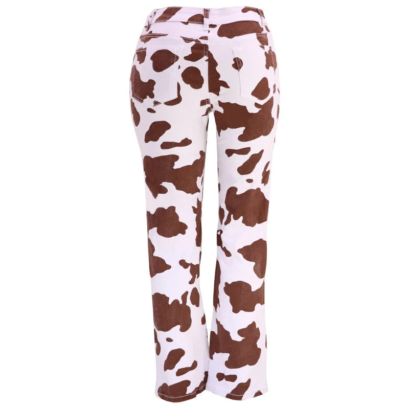 Cow Print High Waist Straight Jeans Women New Comfortable Casual Denim Pants Female Four Seasons Trousers 2024 Trend Streetwear