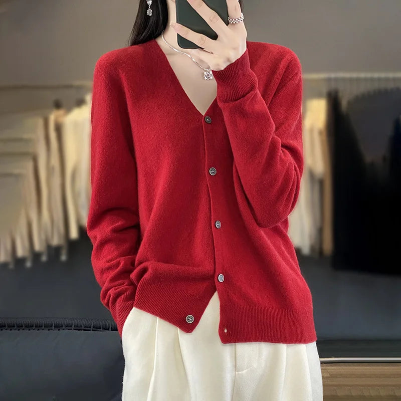 100 Merino Wool Knitted V-neck Sweater Women's Top Loose Korean Version Fashionable Versatile Autumn And Winter Cashmere Sweater