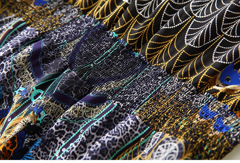 2025 Summer Bohemian Dresses For Women Elegant V-neck High Waist Women's Print Black Dress A-line 100% Real Silk Long Midi Dress