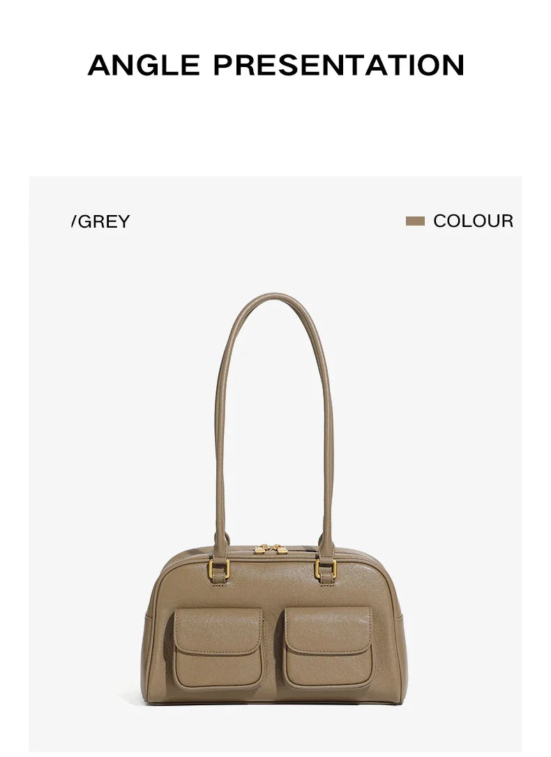 Burminsa Cowhide Genuine Leather Underarm Shoulder Bags For Women 2025 Luxury Designer Korean Bowling Tote Work Ladies Handbags