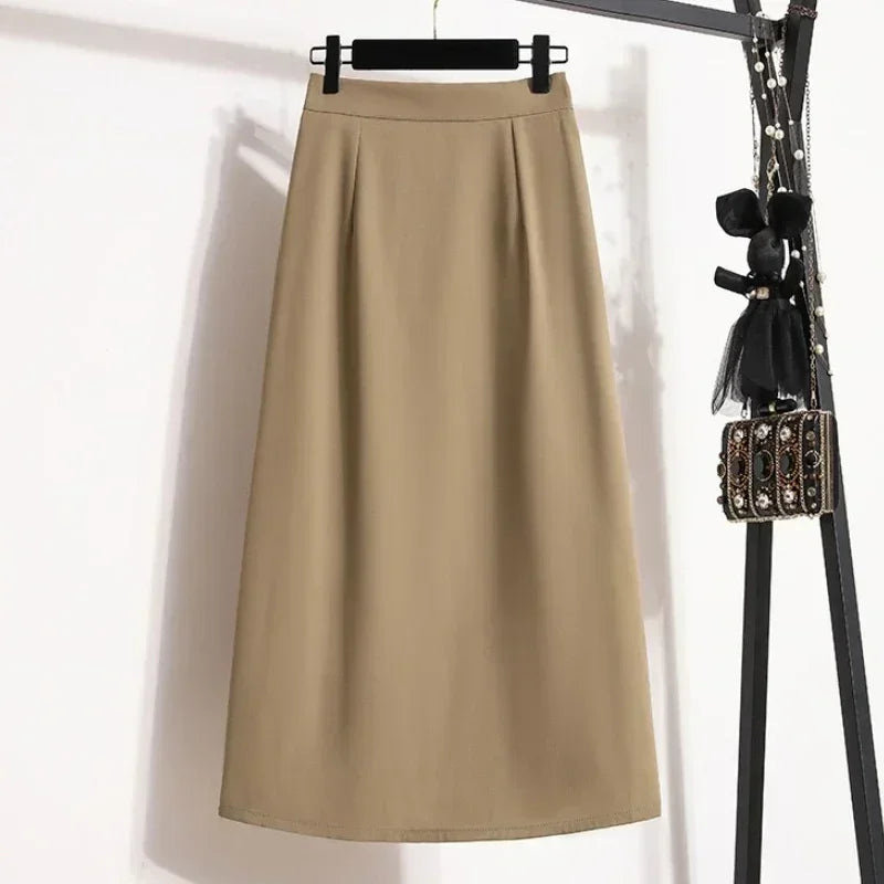 2025 Summer Female Fashionable Versatile Solid Skirts High Waisted Mid Length A-line Plus Size Skirt Split Wrap Body Skirt