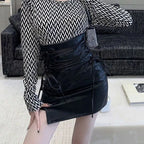 Black Leather Mini Skirts Women Gothic High Waist Slim Fit Lace Up Pencil Skirt Female Sexy Club Back Zipper Split Bag Hip Skirt