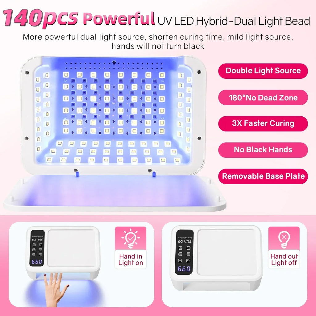 140 Beads Professional UV LED Nail Lamp For Nails 480W Fast Curing Gel Polish Lamp With LCD Display Screen Smart Sensor