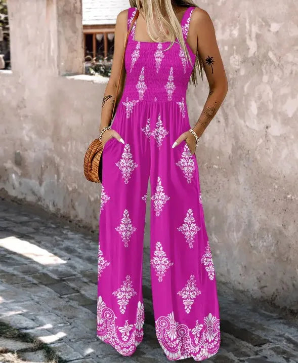 2025 Summer Female Jumpsuits with Pockets Fashion Printing Wide Legs High Waist Women's Rompers Sleeveless Strap Pants Trousers