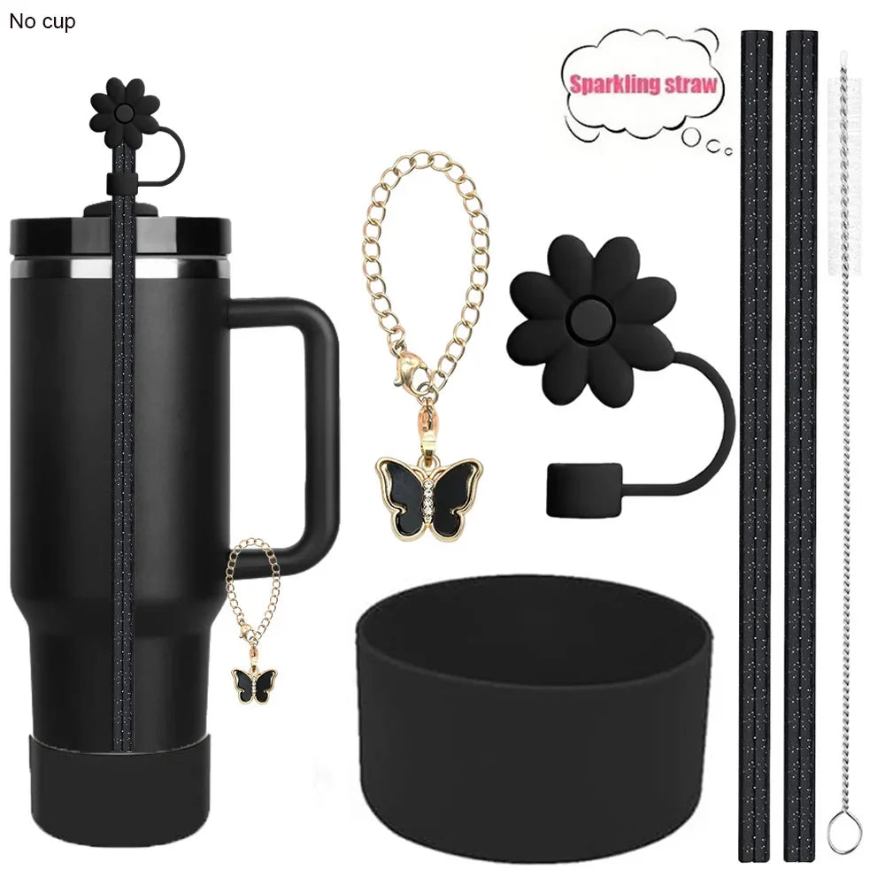 6pcs Reusable Accessories Set for Stanley 40oz Tumblers - Bow Straw Covers, Sparkling Straw, Protective Boot, Charm Chains