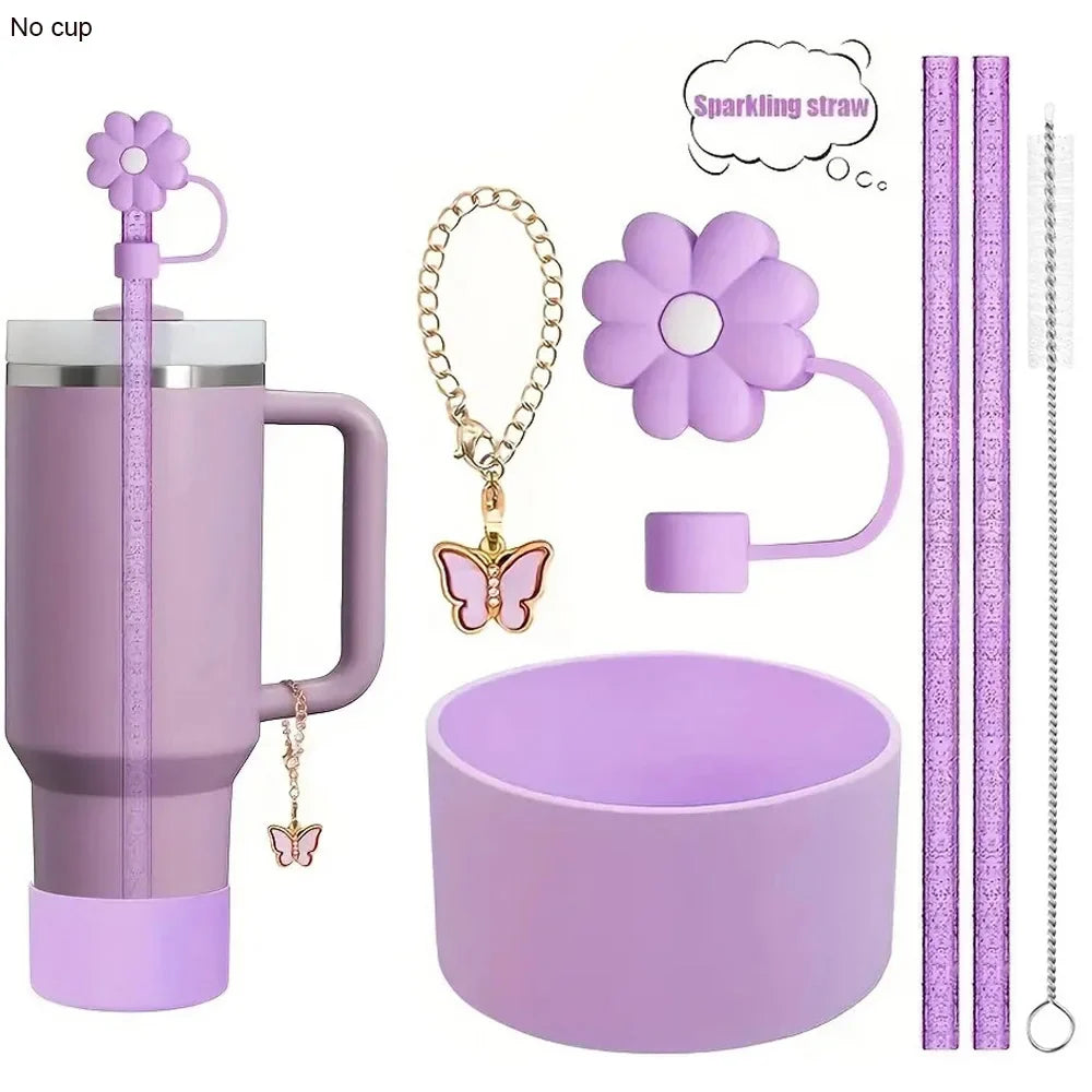 6pcs Reusable Accessories Set for Stanley 40oz Tumblers - Bow Straw Covers, Sparkling Straw, Protective Boot, Charm Chains