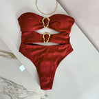 3 Colors Sexy Metal Rings Cut Out Women Swimwear One Piece Swimsuit Female Bandeau High Leg Cut Bather Bathing Suit Swim B022D