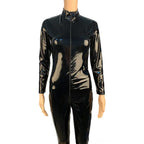 2025 Halloween Women's Wet Look Shiny PU Faux Leather Jumpsuit Suit Long Sleeve Zipper Open Crotch Latex Bodysuit Clubwear