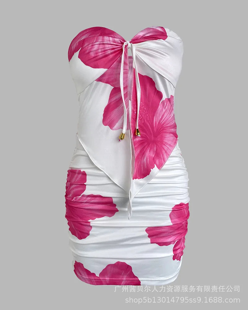 2 Piece Set Women's Floral Print Split Strapless Sleeveless Top & Mini Shorts Pants Set Summer Sexy