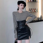 Black Leather Mini Skirts Women Gothic High Waist Slim Fit Lace Up Pencil Skirt Female Sexy Club Back Zipper Split Bag Hip Skirt