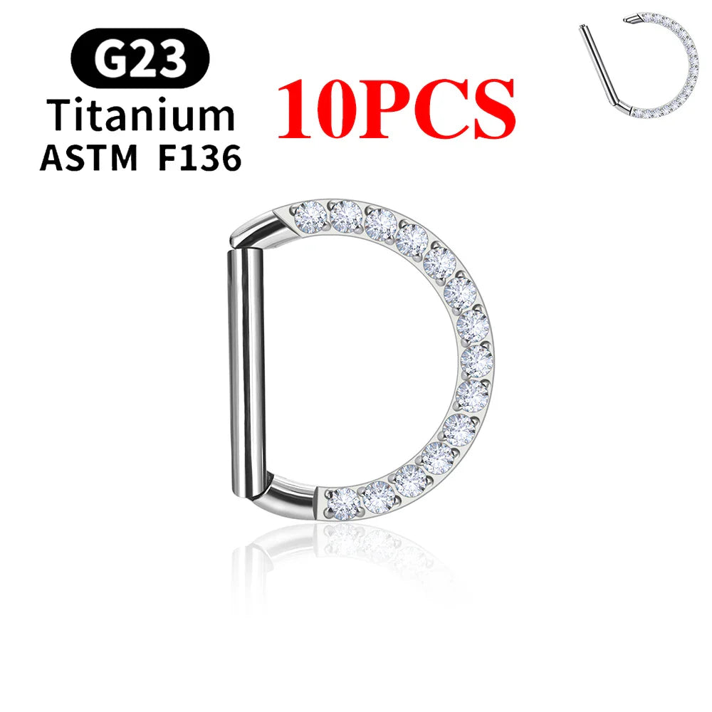 1/10PCS F136 G23 Titanium Piercing Nose Ring D Shape Hinged Segment CZ 16G Clicke Cartilage Tragus Helix Earrings Body Jewelry