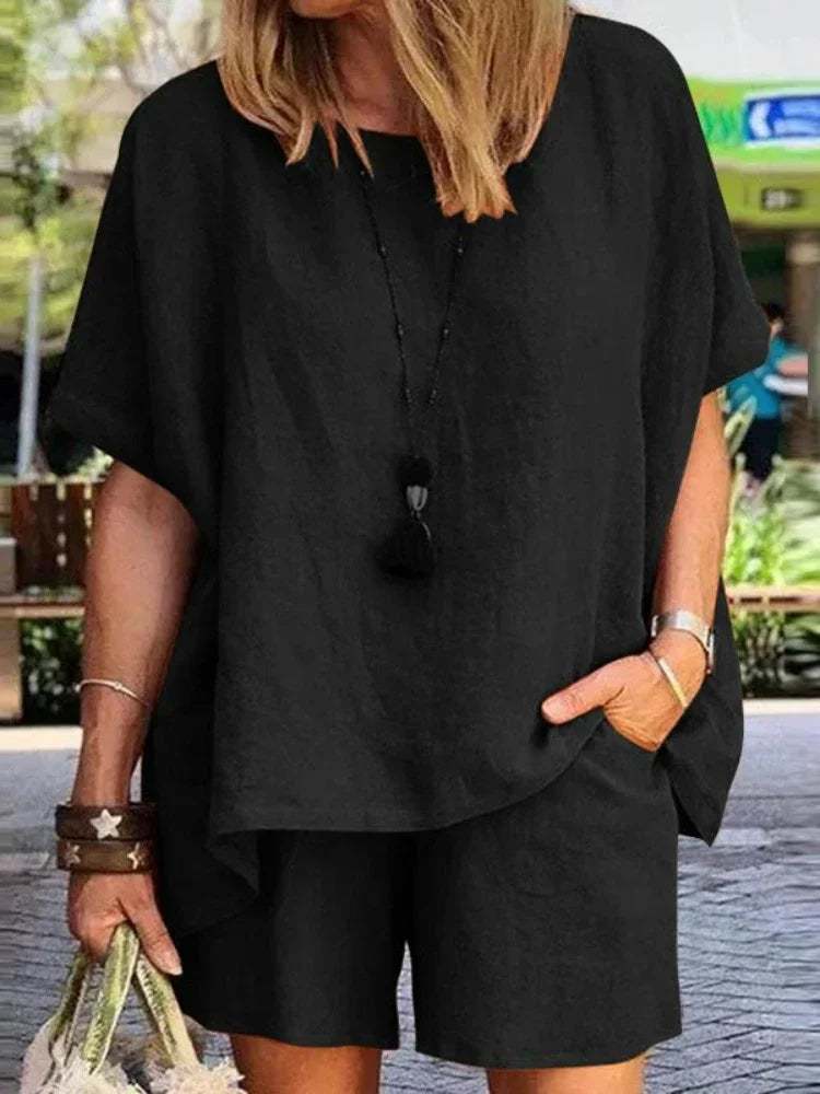 2024 Summer Fashion Cotton and Hemp New Elegant Women's Casual Two Piece Set Short Sleeved Top Waist Wide Leg Pants Set