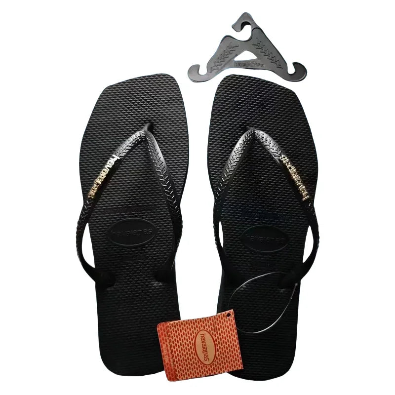 2025 Summer New Women's Square Toe Rubber Flip Flops Outdoor Beach Sandals Luxury Casual Slippers Size 35-42 Women's Shoes