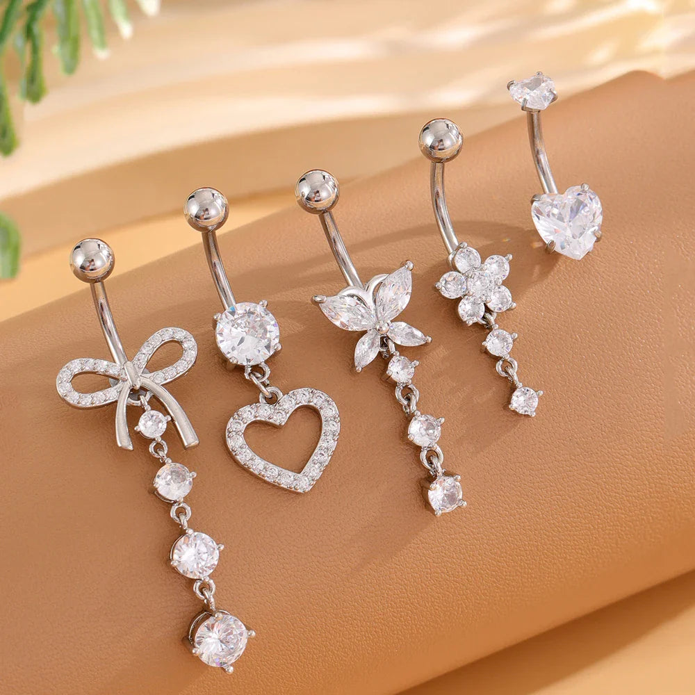 14G Gold Color Series Butterfly Dangled Belly Piercing Sets 5PCS/Lot Heart Flower Curved Navel Navel Ring Belly Button Rings