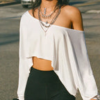 BIIKPIIK Casual Off Shoulder Solid Knitted Tops Concise Skew Collar Long Sleeve Autumn Tees For Women Sporty Irregular T-shirts