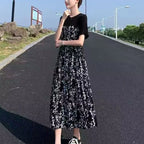 2024 New Summer Korean Version Elegant and Loose Floral Dress Short Sleeved Printed Patchwork Bandage for Women's Long Dress