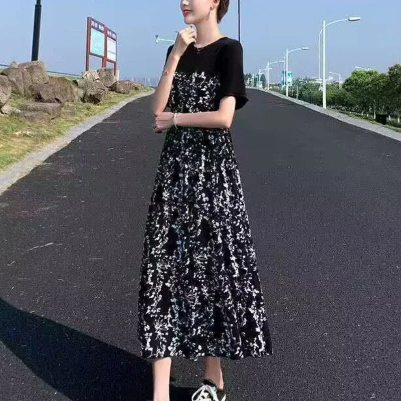 2024 New Summer Korean Version Elegant and Loose Floral Dress Short Sleeved Printed Patchwork Bandage for Women's Long Dress