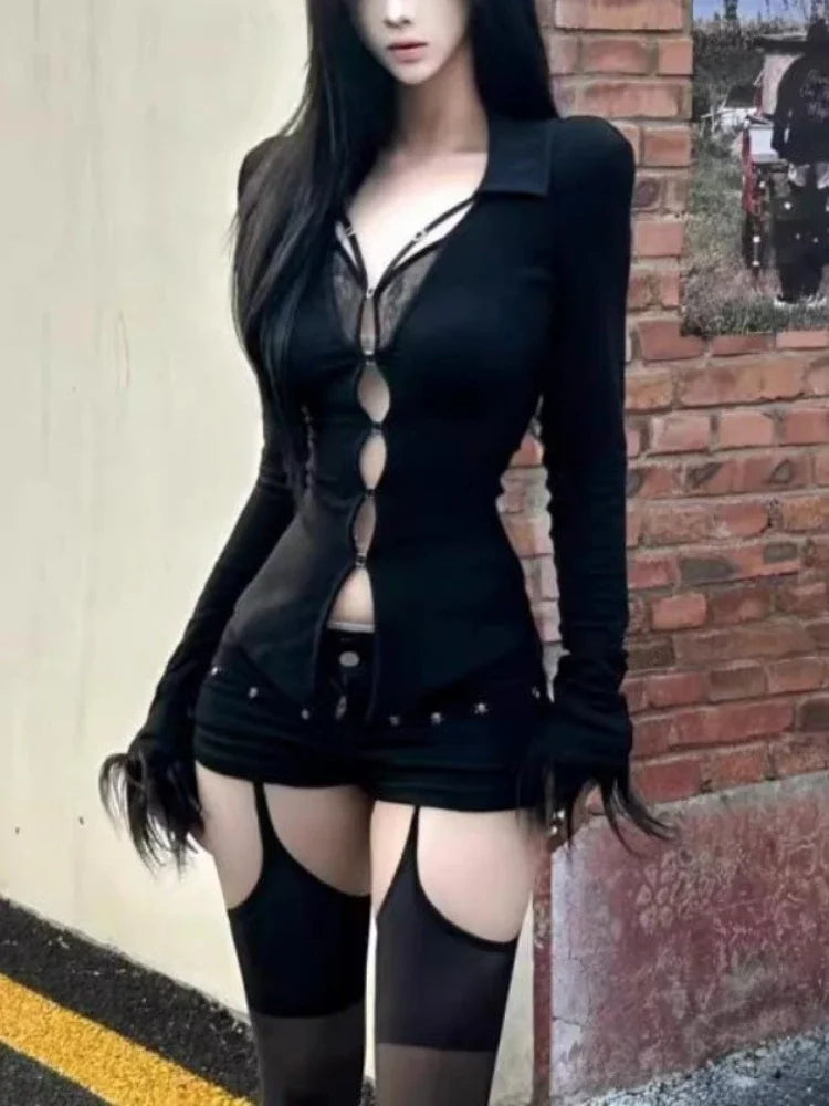 Gothic Y2k Aesthetic Women Sexy Hollow Out T-shirt Vintage Lace Patchwork Streetwear Grunge Tops Harajuku Slim Fit Black Tees