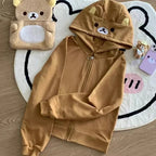 Cute Cartoon Hoodie Rilakkumaed Zip-up Hoodie Teddy Bear Ears Long Sleeve Jacket Fashion Women's Casual Cardigan Cotton Clothing