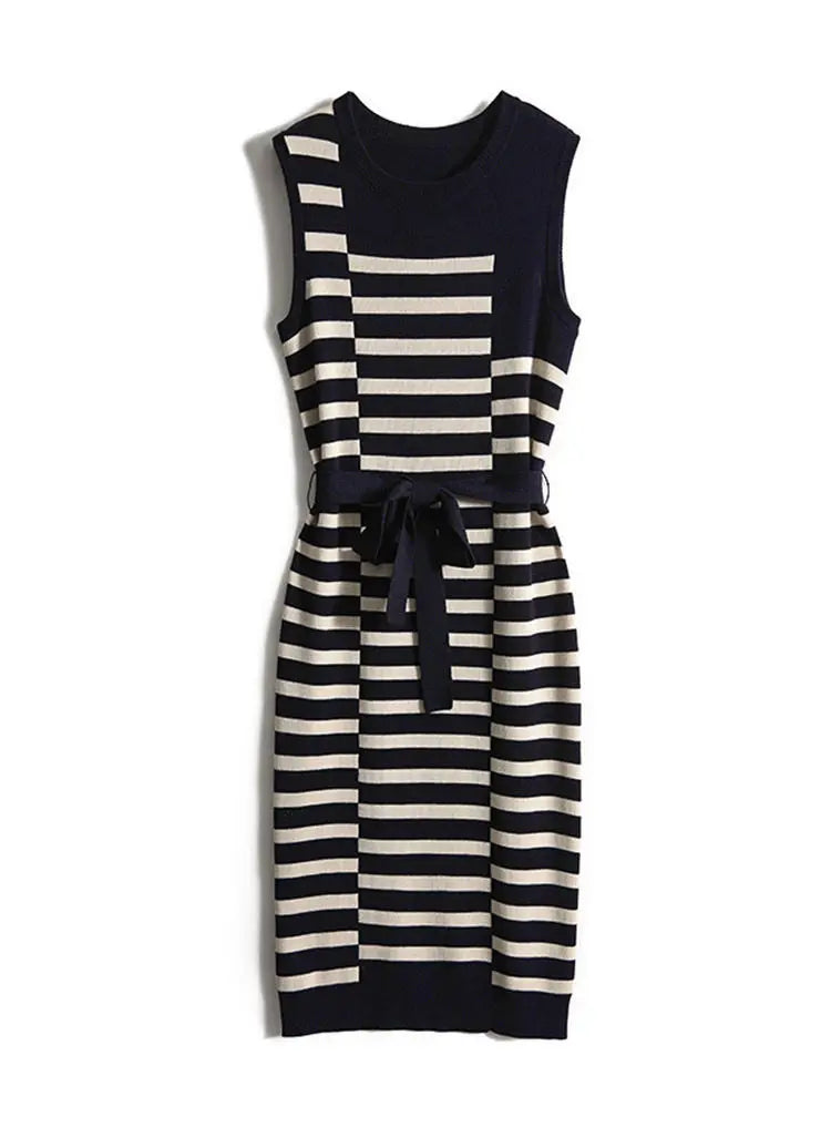 2025 Summer New Over-knee Long Temperament Slim Waist Vest Sleeveless Slim Striped Knitted Dress